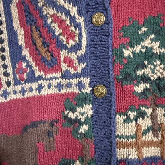 Vtg Women's Sweater Equestrian Horse Cardigan Cottagecore Hand Knit L Show Horse - Picture 15 of 16
